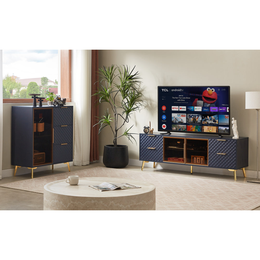 Deluxe Sculpted Modern Fashion Geometric Style TV Stand, Aluminum Frame Tempered Glass Door 4 Drawer Chest with Adjustable Metal Feet ,Dark Blue,59.9"L x 15.7"W x 21.7"H