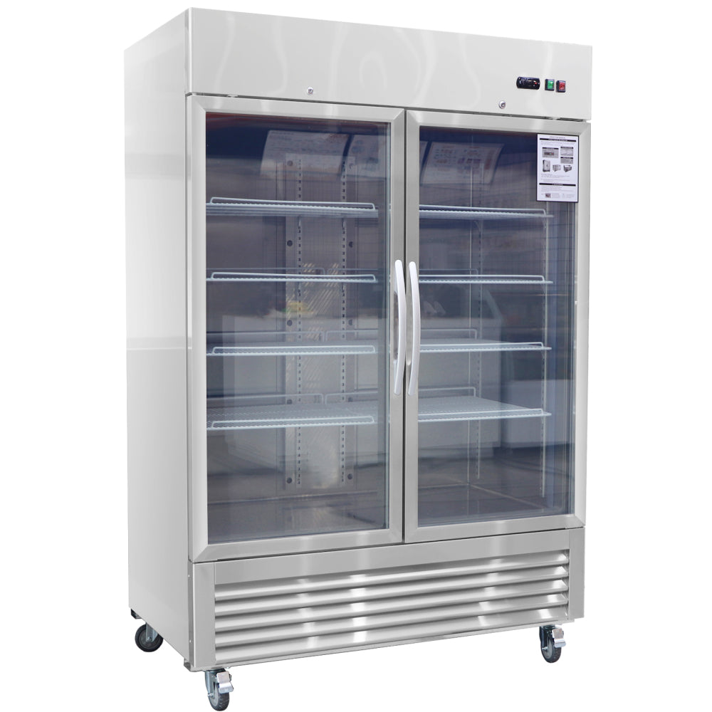 54"W Commercial Refrigerator 2 Glass Door Stainless Steel Interior and Exterior Construction Display Refrigerator 42.2 Cu.ft. Reach-in Merchandising Refrigerator Upright Fan Cooling Merchandiser