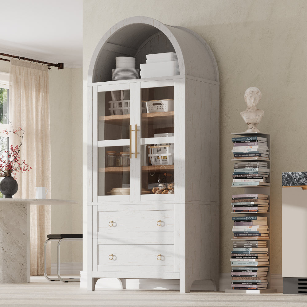 K&K 71" Tall Arched Kitchen Pantry Cabinet with 2 Large Drawers, Modern Farmhouse Kitchen Storage Cabinets with Adjustable Shelves, Glass Door, Wood Versatile Cupboard for Kitchens, Dining Room, White