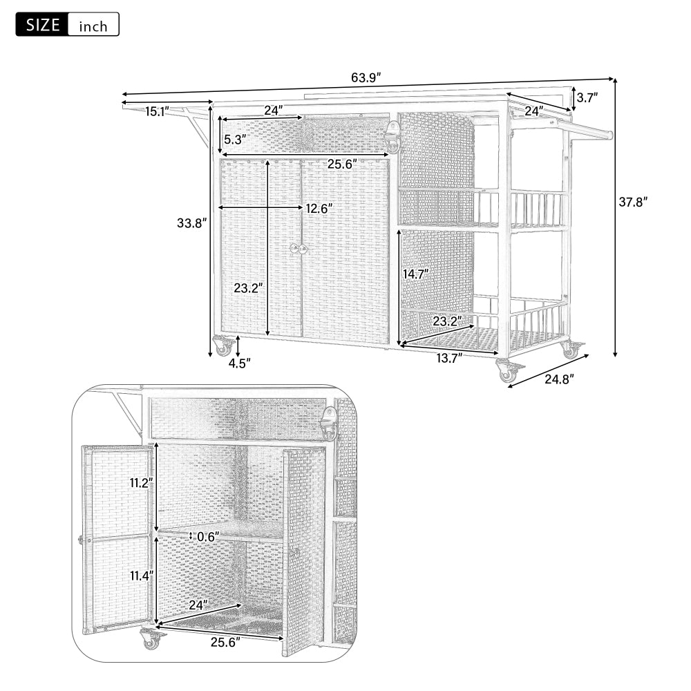 63.5" Outdoor Kitchen Island, Kitchen Storage Island, Cooking Station, Outdoor Grill Cart with Foldable Side Tabletop, Ample Storage Space, Bottle Opener for Outside BBQ, Patio, Backyard, Dark Brown