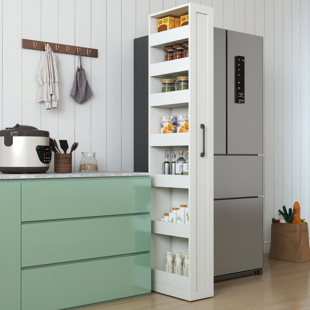 White,Large, Slim Storage Cart, Kitchen Rolling Cart, Narrow Storage Cabinet with Handle & Wheels, Wood Spice Rack Next to Fridge, Pantry Shelf for Kitchen, Small Spaces
