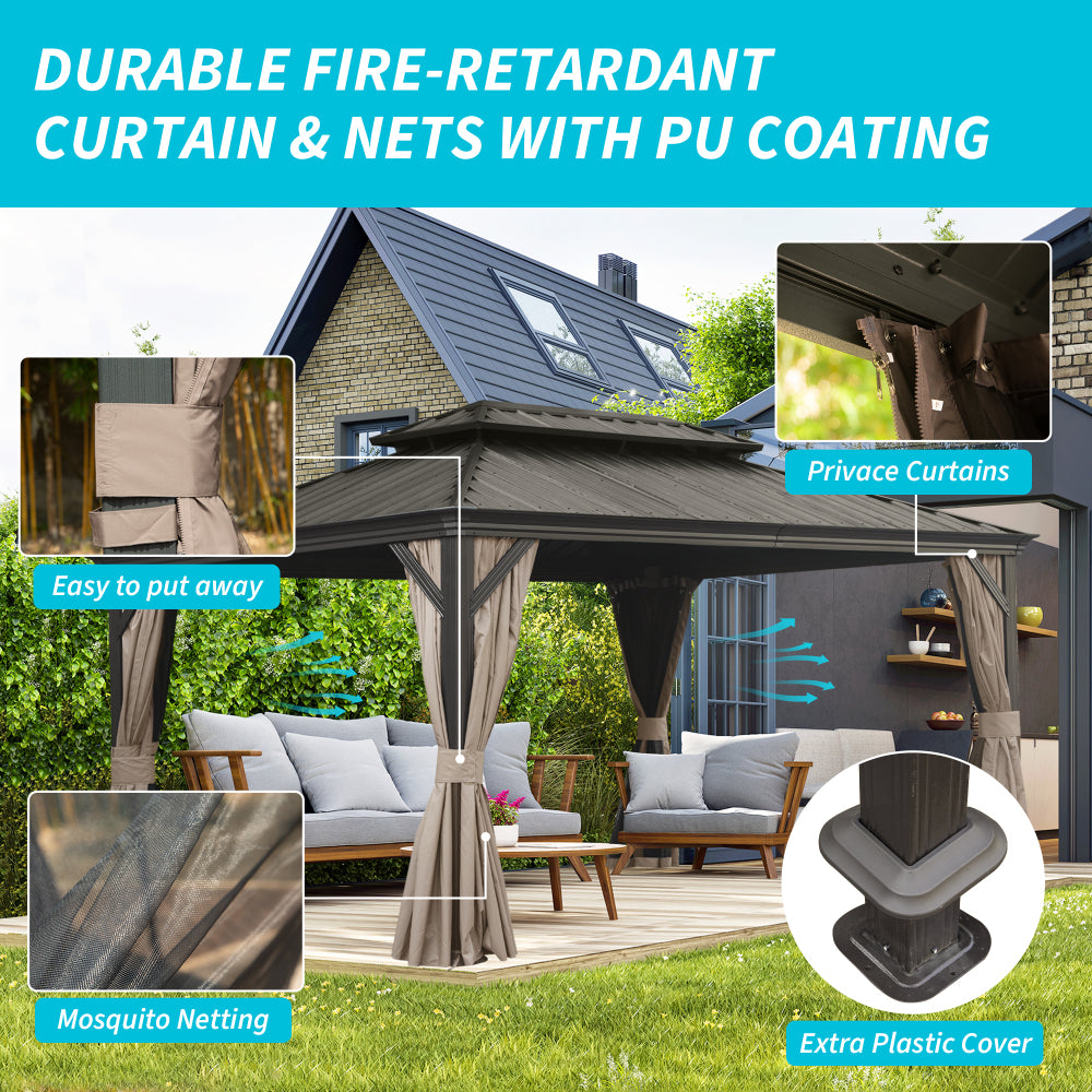 12' X 16' Hardtop Gazebo, Upgraded Metal Gazebo with Drainage System, Dual-Layer Galvanized Steel Roof, Curtain and Netting, Outdoor Shelter Canopy for Patio, Garden, and Backyard, Brown