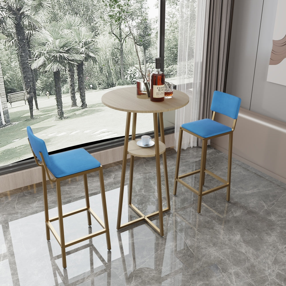 Bar table and chairs three piece set, gold frame, sponge made seat cushions and backrests, bar table with storage function (gold+brown tabletop+blue cushion)