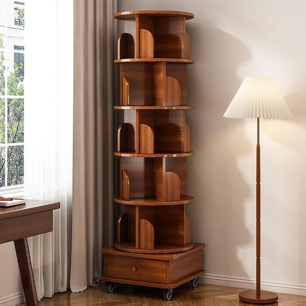 Rotating Bookshelf, 360 Degree Display 5 Tier Corner Bookshelf with Drawer for Small Space, Floor Standing Bookcase Storage Rack, Wood Narrow Book Shelf Organizer for Bedroom, Living Room (WHITE)