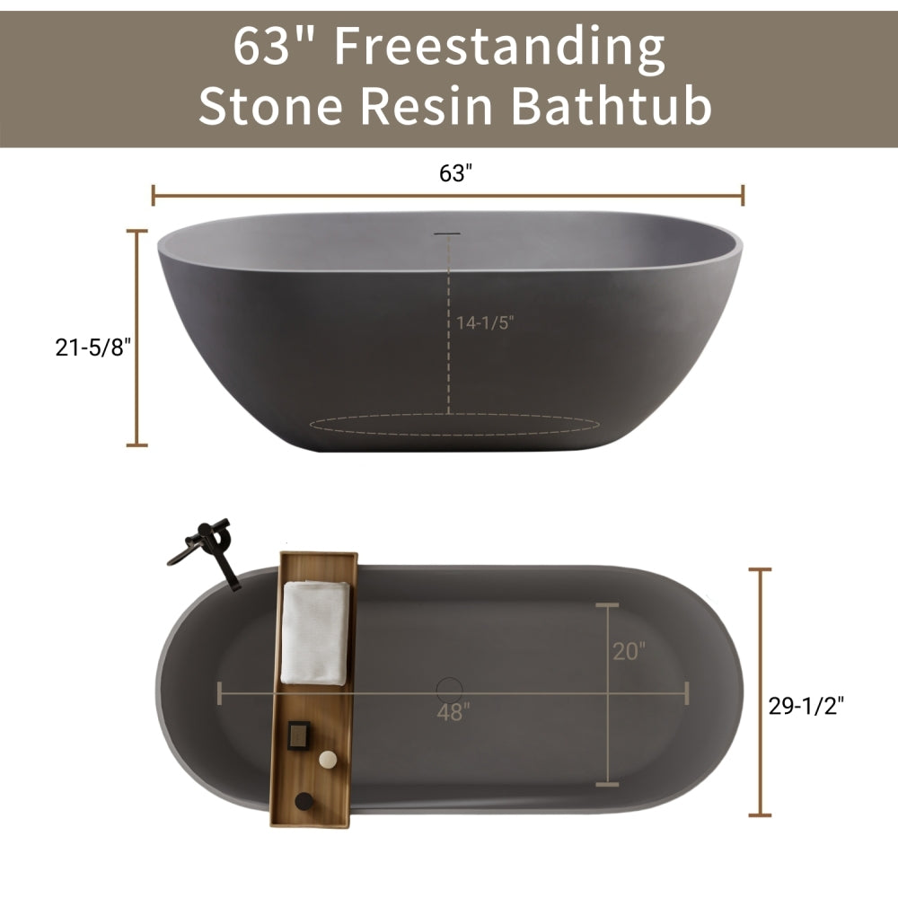 63" Luxury Engineered Solid Surface Bathtub, Stone Resin Freestanding Soaking Bathtub with Overflow and Pop-up Drain for Contemporary Bathroom, Matte Grey 23S03-63MG