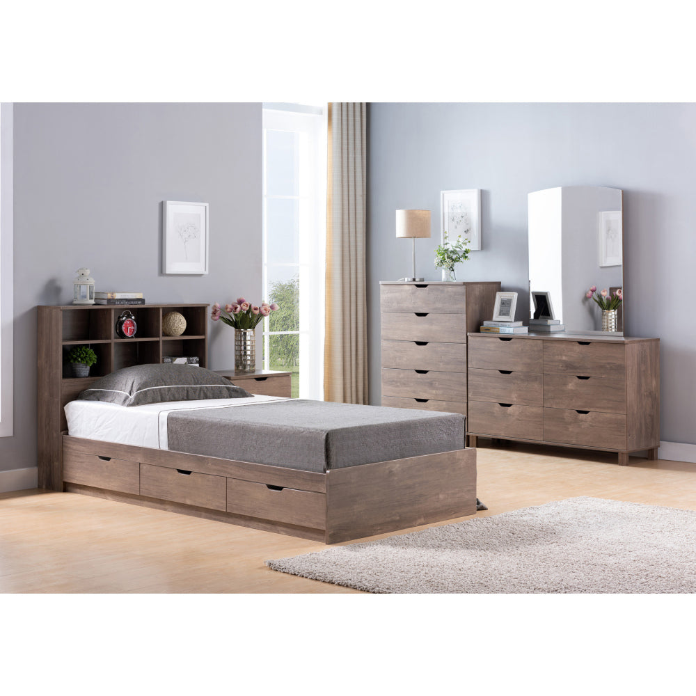 Full bookcase headboard six shelves three shelves adjustable top panel rounded corners hazelnut color