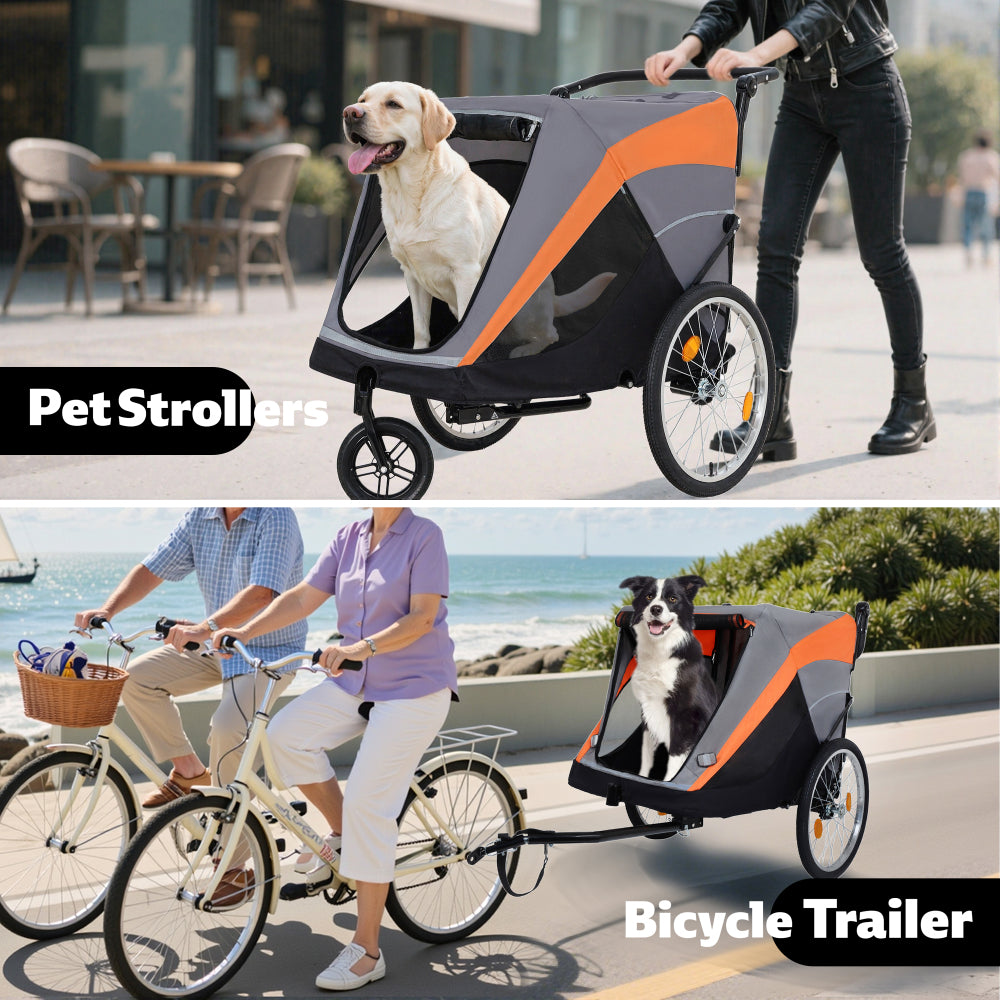 2-in-1 Bike Trailer & Push Cart for Pets - Detachable Bike Hitch & Push Handle Included - Quick Release Wheel, Internal Leash, Dual Cup Pockets and Underneath Storage Bag, Holds Pets Up to 88 lbs