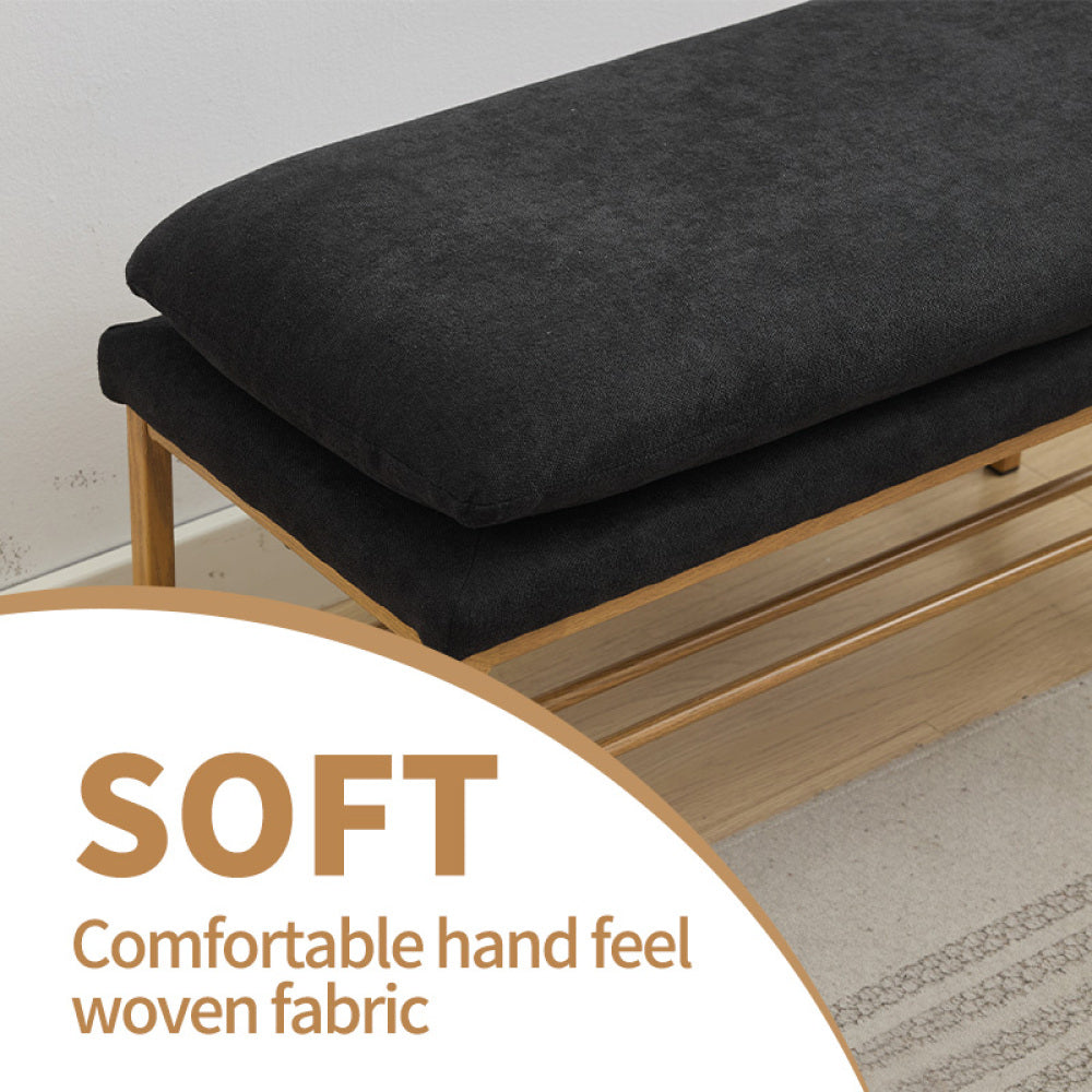 End of Bed Bench with Shelf, Linen Upholstered Storage Shoe Bench, Modern Bedroom Bench with Metal Legs for Living Room, Entryway, Dining Room, 300 LB, Linen Color(Black)