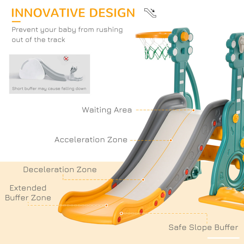 Qaba 3 in 1 Toddler Swing and Slide Set, Kids Slide with Climber, Ultra-Safety, Basketball Hood, Baby Playground Set, Fun Indoor/Outdoor Playset Exercise Toy for Ages 1.5-3