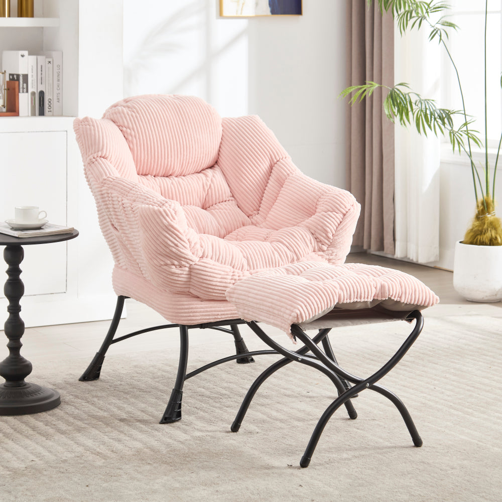 Lazy Chair with Ottoman, Modern Lounge Accent Chair with Armrests and a Side Pocket, Leisure Upholstered Sofa Chair Reading Chair with Footrest for Small Space, Corner Chair-Grey