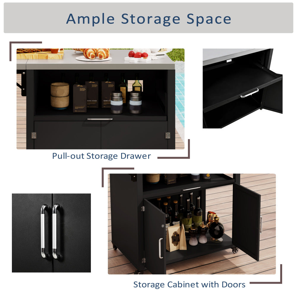 Versatile Outdoor Cabinet with Folding & Expandable Work Surfaces, Ample Storage Space, and Lockable Wheels, Matte Black