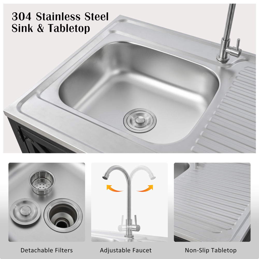 Outdoor Movable Kitchen Sink Outdoor Grill Cart Outdoor Storage Cabinet Outdoor Kitchen Island Patio Modular Kitchen Sink Station with Cabinet for Garden, Patio, Backyard, Matte Black