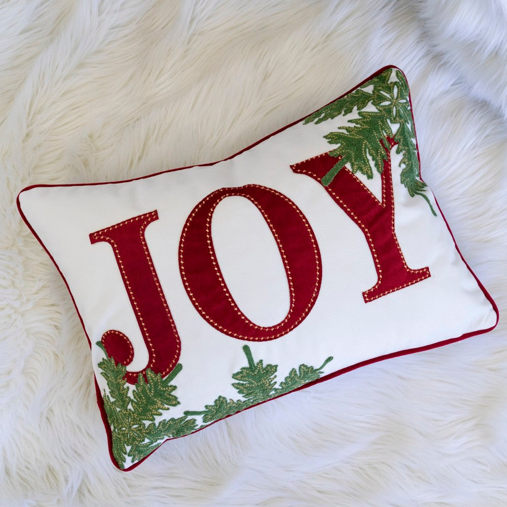 JOY Embroidered Christmas Throw Pillow – 14x20" Velvet Lumbar Cushion in Red and White with Green Holiday Accents