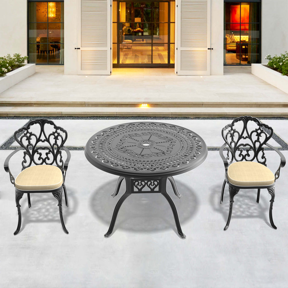 Ø39.37-inch Cast Aluminum Patio Dining Table With Black Frame and Umbrella Hole