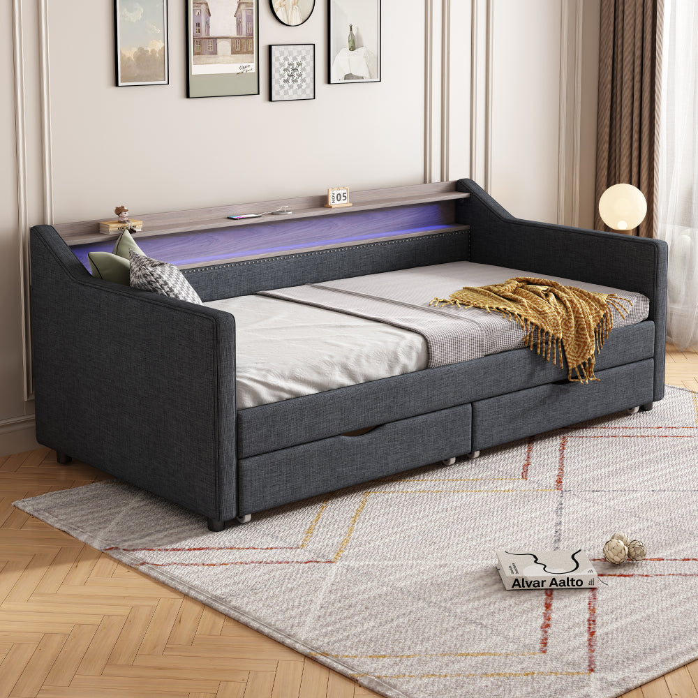 Twin Size Daybed with Drawers Upholstered Tufted Sofa Bed, with Button on Back and Piping on Waved Shape Arms-Light Grey