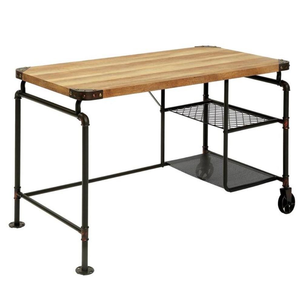 Industrial Inspired Desk With An Antique Black Metal Construction Replicated Wood Top And Caster Wheel Accents
