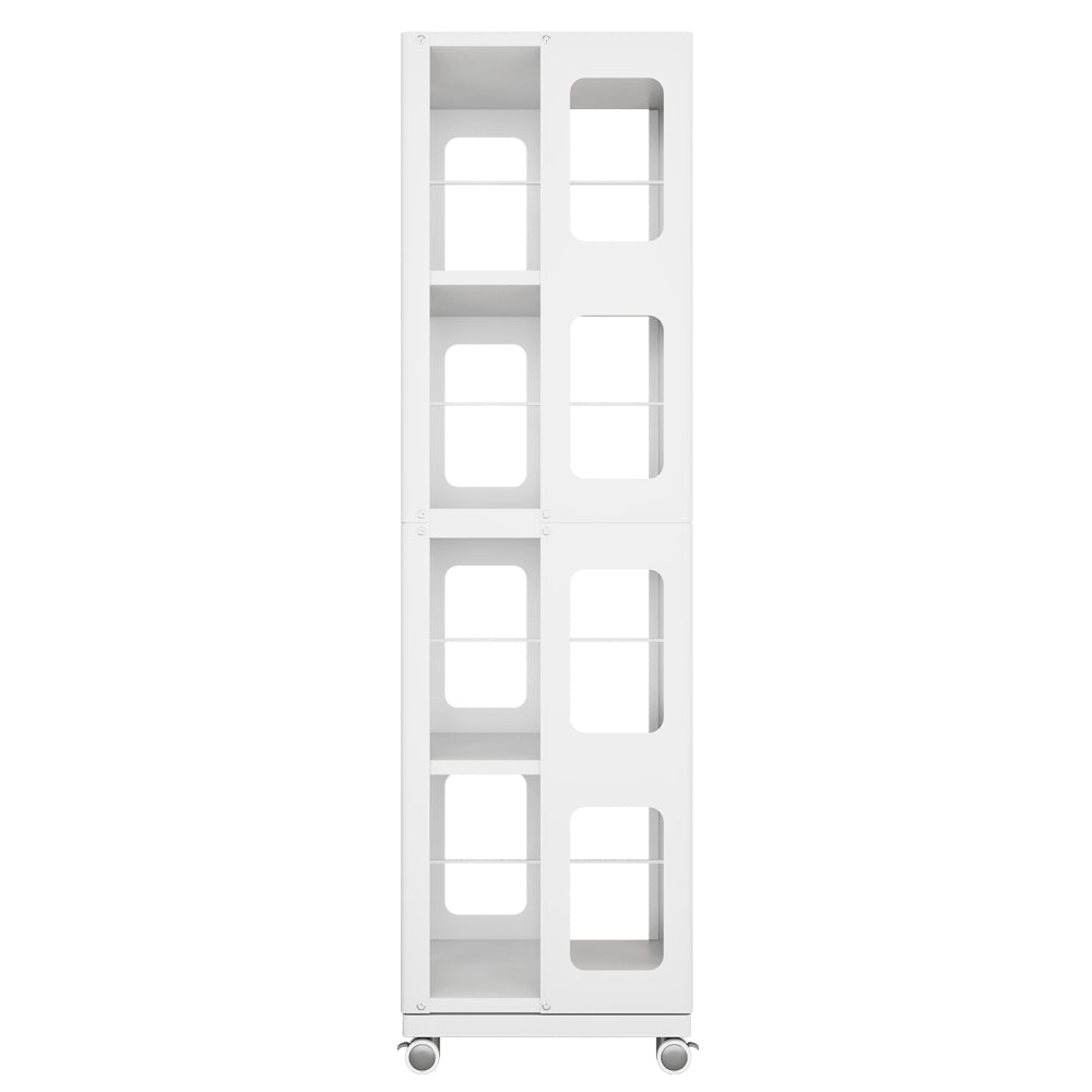 4-Tier All-Steel Rotating Bookshelf with 360° Wheels, Large Size Sturdy & Spacious Book Rack, New Style White Bookshelf,Easy Assembly