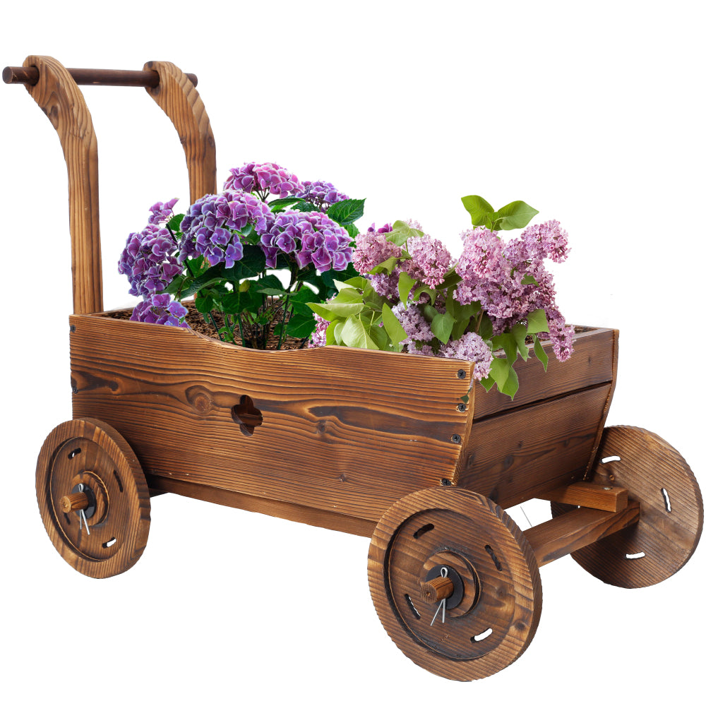 Wood Wagon Flower Planter Pot Stand W/Wheels Home Garden Outdoor Decor
