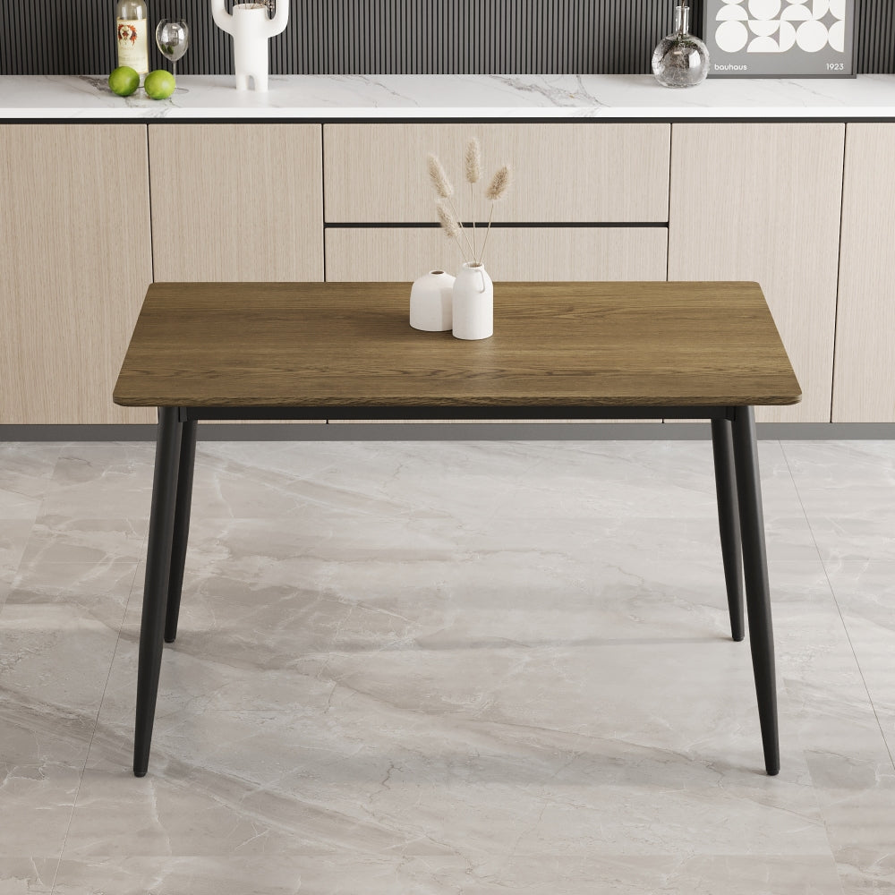 Modern minimalist wood grain tabletop dining table and chair 4-piece set, stylish dining table, kitchen dining table, sturdy and durable, easy to assemble, black metal leg design, suitable for 4-6 peo