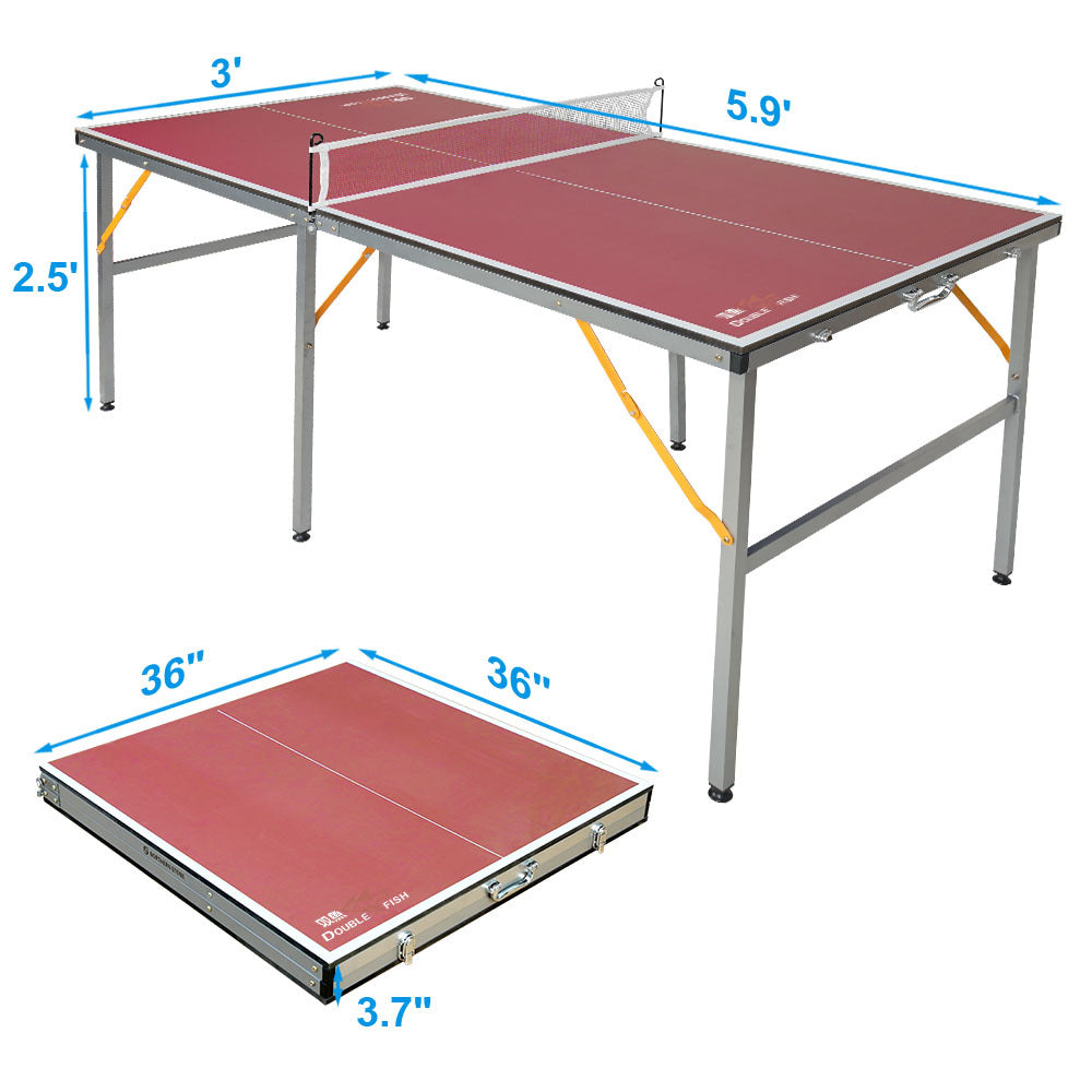 DOUBLE FISH 6ft Mid-Size Foldable Portable Ping Pong Table Indoor Outdoor Game Set with Net 2 Paddles 3 Balls