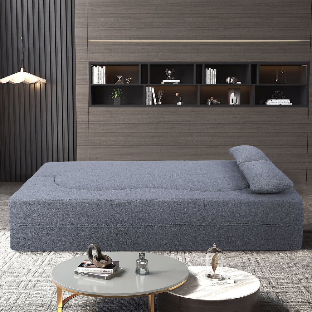 2-in-1 Convertible Sofa Bed, Full Size Folding Loveseat Couch with Soft Teddy Fabric, No Assembly Needed, Floor Sofa Mattress with 2 Pillows, Space-Saving Futon for Small Living Room, Dorm, RV,Grey