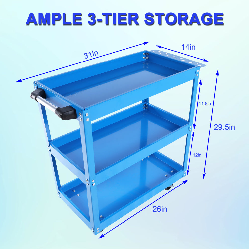 Tool Cart, 3-Tier Rolling Mechanic Tool Cart, Heavy Duty Steel Utility Cart with Lockable Wheels, 450 LBS Capacity Industrial Service Cart for Garage, Warehouse, Workshop (Blue)