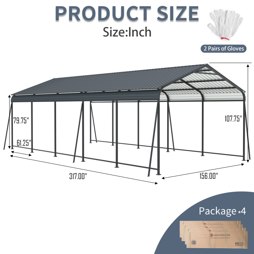 13×26.5 FT Carport, Heavy Duty Carport Canopy with Galvanized Steel Roof and Frame, Metal Carport Large Garage with 6 Fixed inclined square tube supports for Driveway Car, Truck