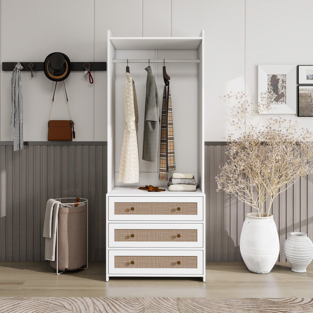 Wardrobe with 3 Drawers High Wardrobe Armoire With Rattan For Living Room, Bedroom Organizer