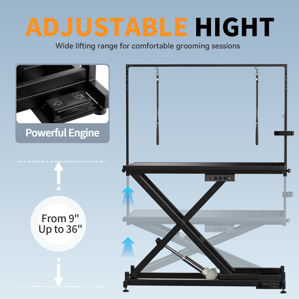 Professional Electric Dog Grooming Table - Heavy Duty, Height Adjustable Pet Grooming Table w/Leveling Wheels, Dog Grooming Arm, Anti Slip Tabletop & Tool Organizer/Dog Grooming Station (50", BLACK)