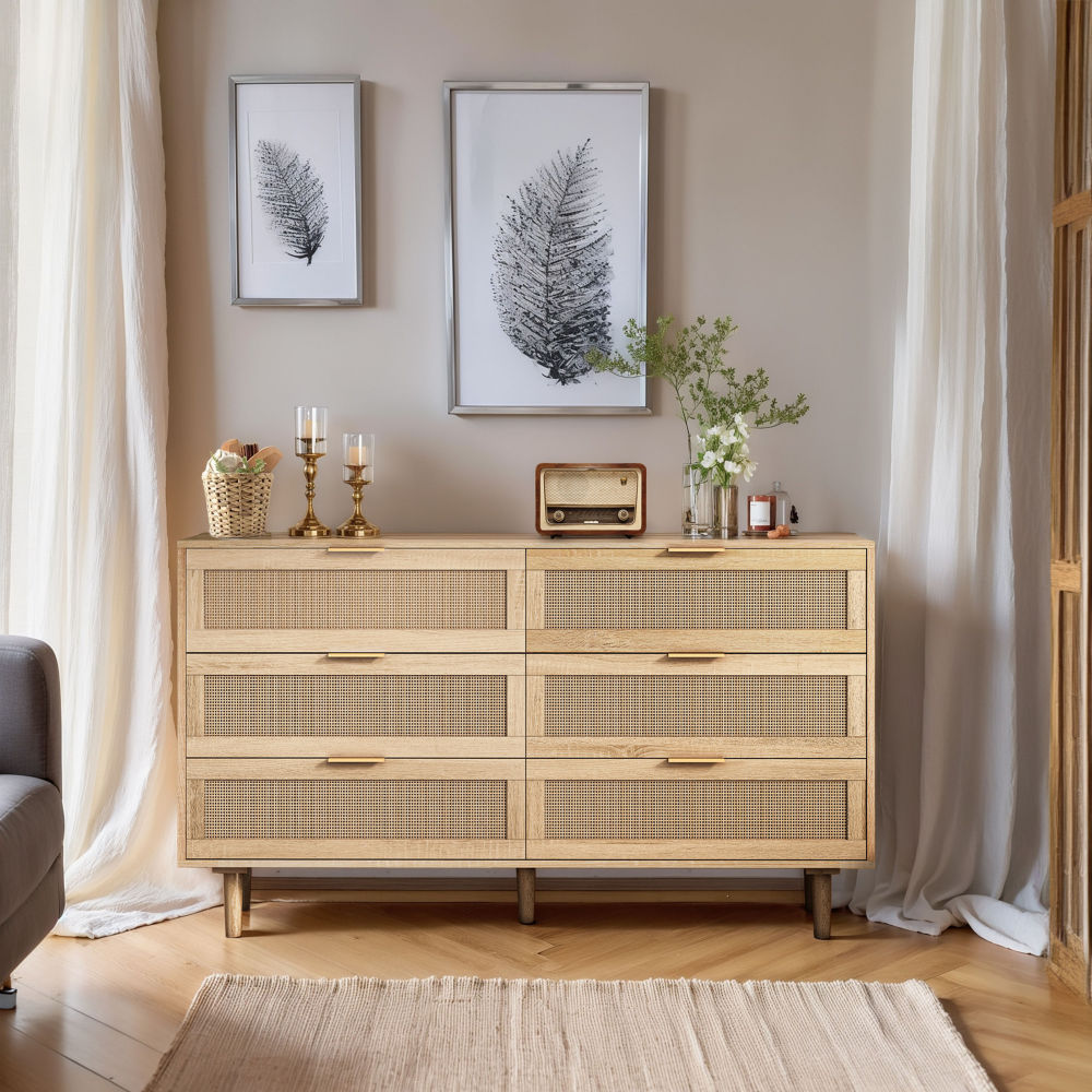 51" Rattan Dresser with Drawers, 6 Drawer Dresser for Bedroom, Clothes Storage Cabinet for Bedroom, Metal Handle&Wood Legs for Hallway, Living Room, Bedroom,Natural