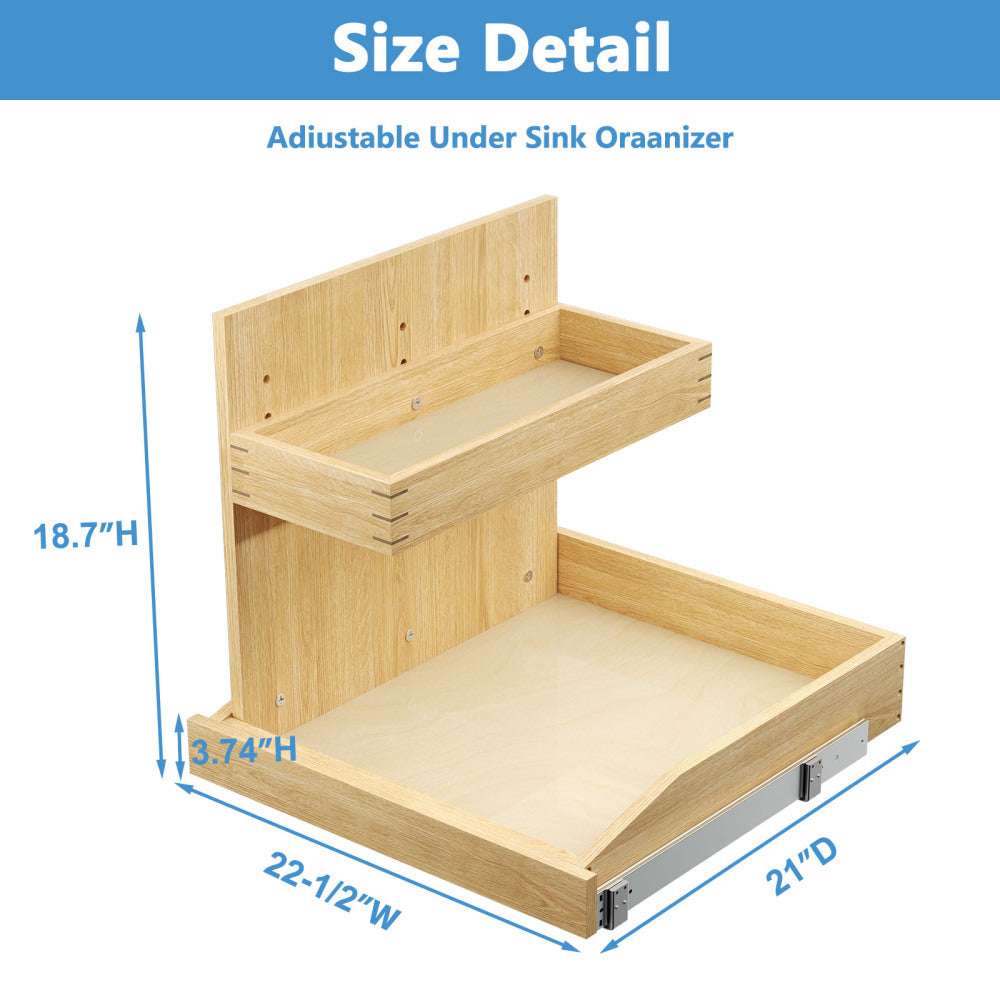 Under Sink Organizers and Storage 22½" W x 21" D, 2 Tier Pull Out Cabinet Organizer with Soft Close, Adjustable Pull Out Cabinet organizer with U Bracket for Bathroom Kitchen(Left)