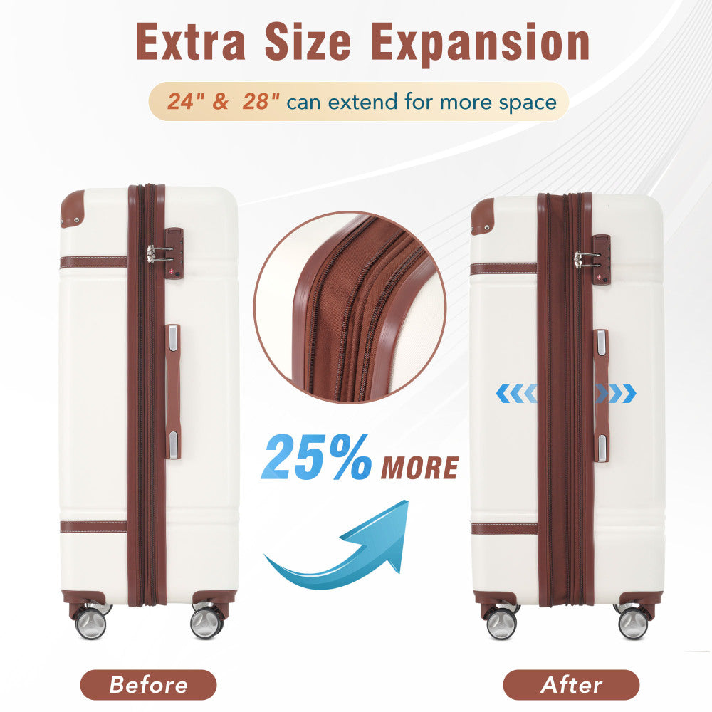 Hardshell Luggage Sets 3 Pieces 20"+24" Luggages and Cosmetic Case Spinner Suitcase with TSA Lock Lightweight,White