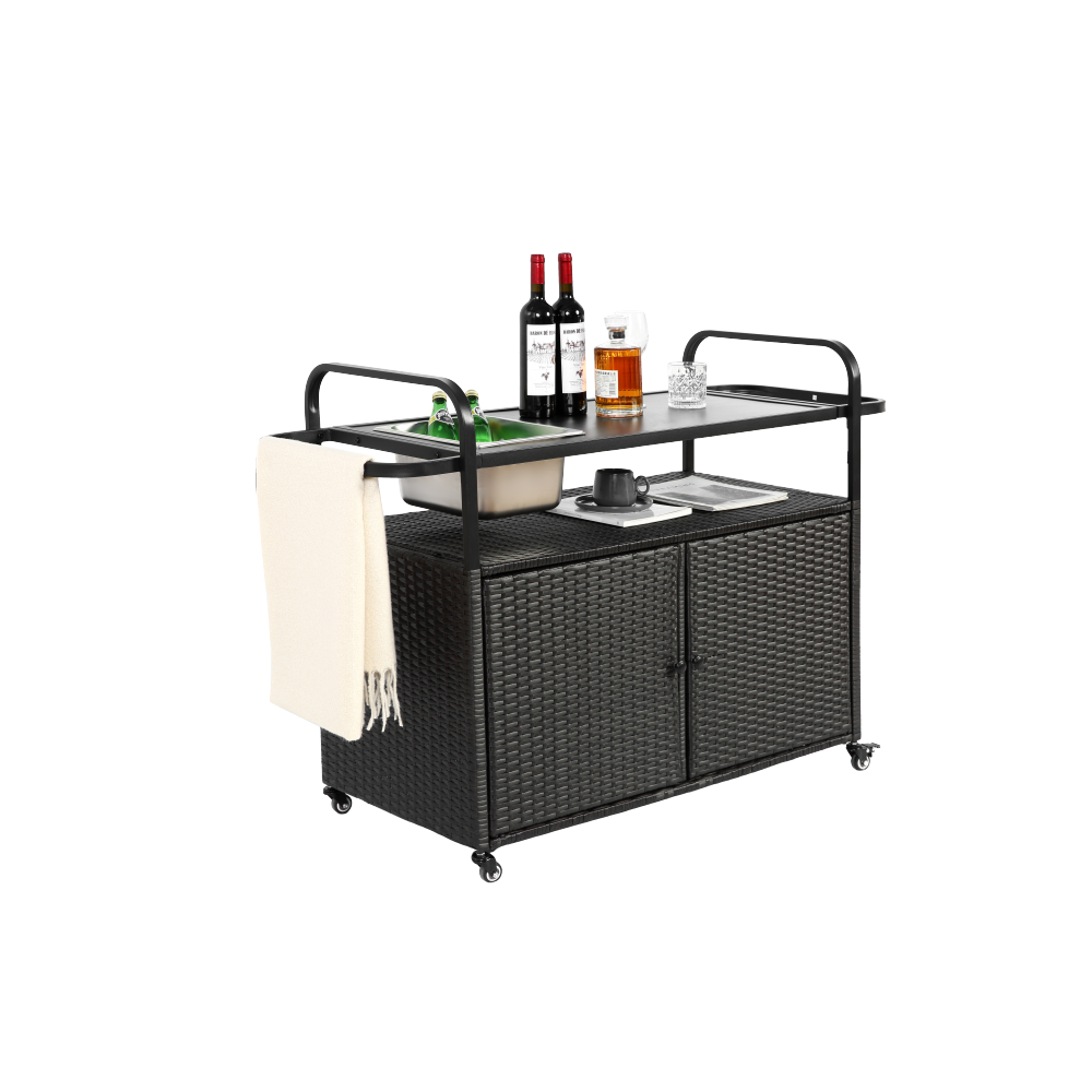 Outdoor Bar Table, Wicker Bar Cart with Cabinet, Patio Serving Cart with steel Top, with one ice bucket,Lockable Wheels, Side Basket for Garden, Poolside & Backyard, Black
