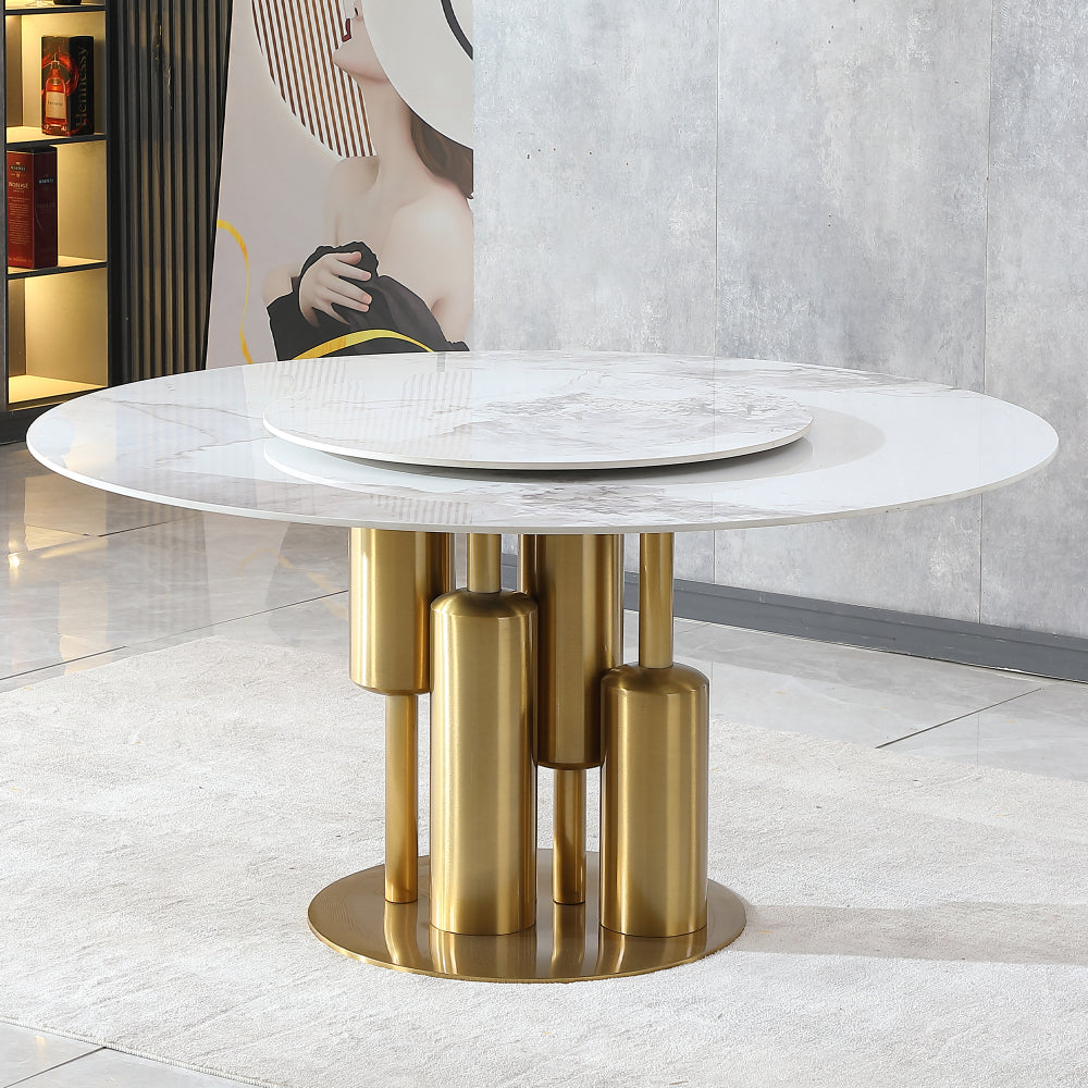 53" Round Modern Marble Dining Table with Lazy Susan, Sintered Stone Top for Kitchen, Dining Room, Dinette, Space Saving Design(4 chairs)