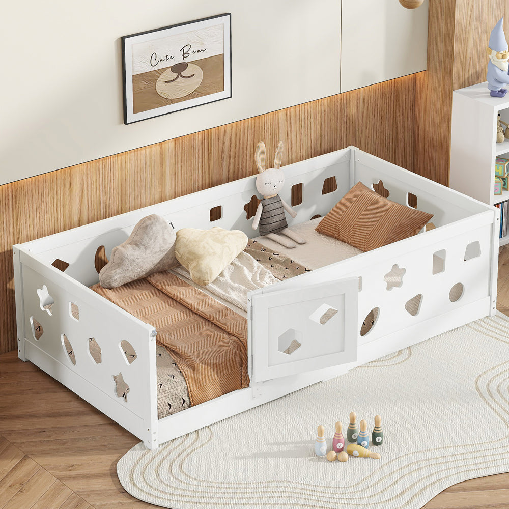 Twin Size Floor Bed with Heightened Safety Guardrails and Door, Solid Wood Bedframe with Rails for Girls, Boys, Teens, Child Bedroom, Kids Playroom, No Slats Included, White