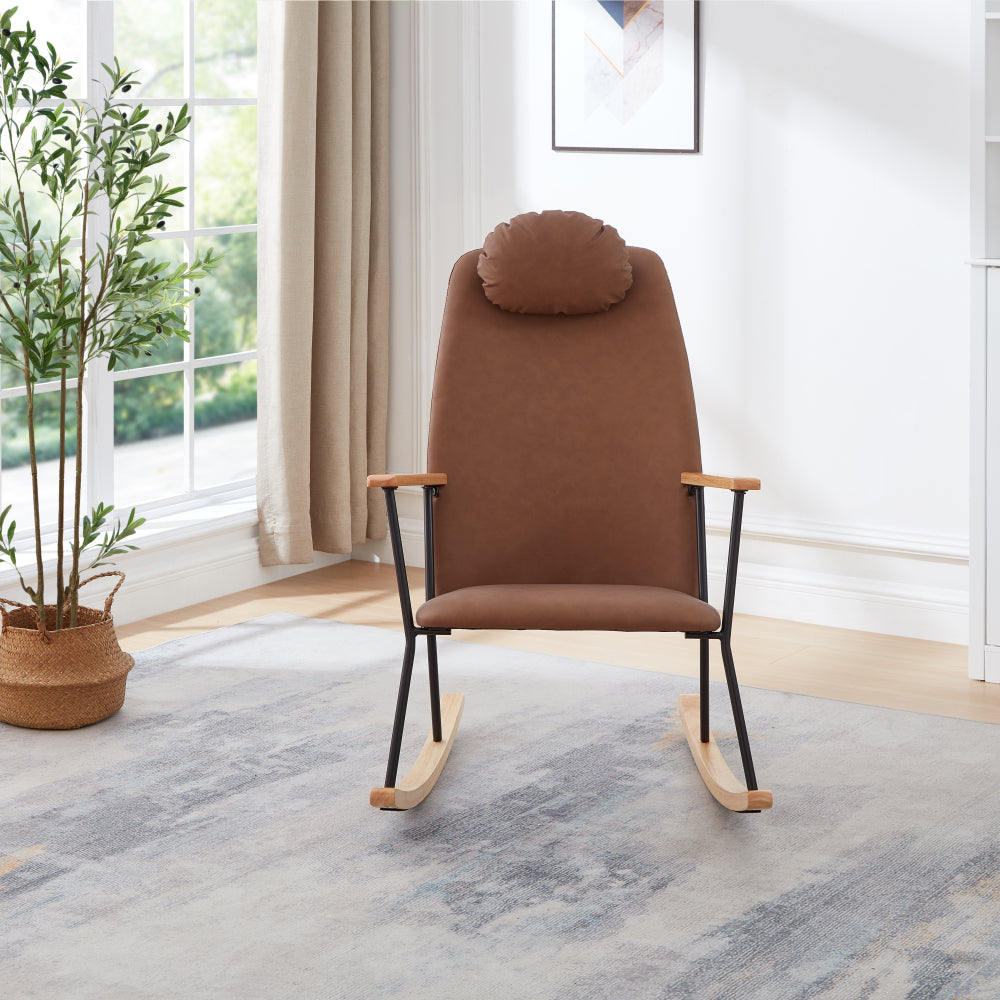 Adjustable Headrest Pillow Rocking Chair, Technical Leather Upholstered Glider Rocker with High Backrest, Modern Rocking Accent Chairs Comfy Side Chair for Nursery, Bedroom, Living Room (Brown)