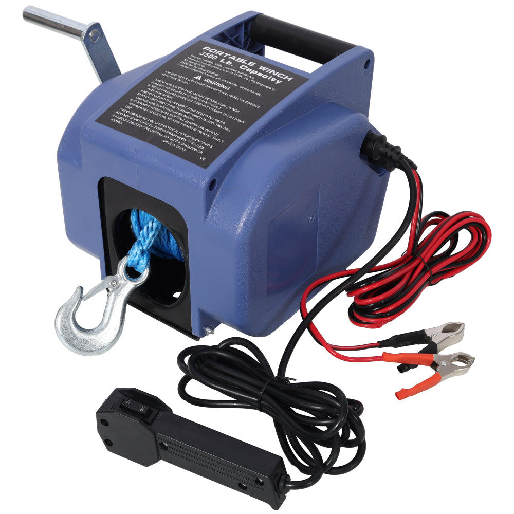 12v 3500lbs Trailer Winch,Reversible Electric Winch, for Boats up to 6000 lbs.,with synthetic rope,with extra pulley hook,power in and power out,with manual function.blue plastic casing