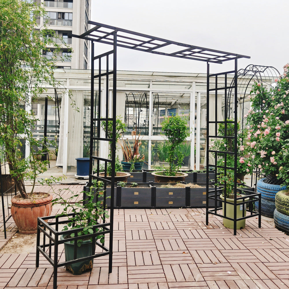 Metal Garden Arch with Adjustable Width W68.11''~W94.29'' Climbing Plants Support Rose Arch Outdoor Black