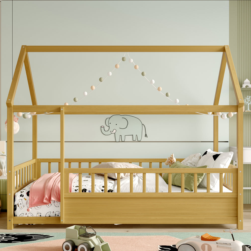 Twin Size Floor Wooden Bed with House Roof Frame, Fence Guardrails,White