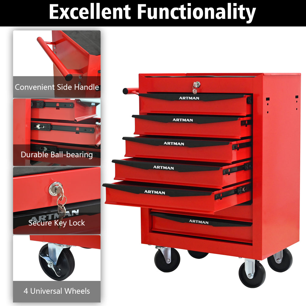 Rolling Metal Tool Chest with 7 Drawers, 20" 7-Drawer Tool Chest Cabinet with Ball Bearing Drawer Slides, Steel Tool Storage Box Organizer -Red&Black