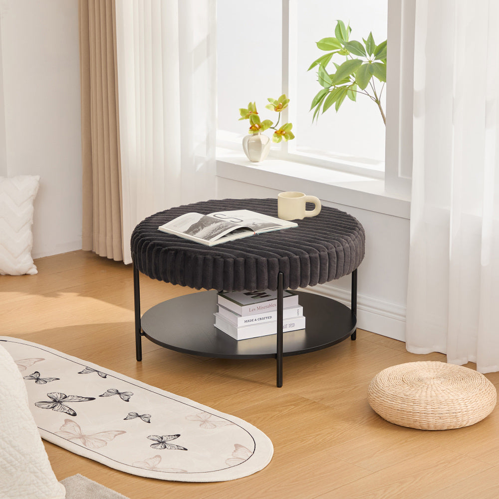 30.7"Wide Upholstered Ottoman Coffee Table Foot Rest with Black Metal Legs,Footstool with Wooden Open Storage Shelf, Faux Fur Foot Stool for Living Room Bedroom Entryway Hotel. Beige