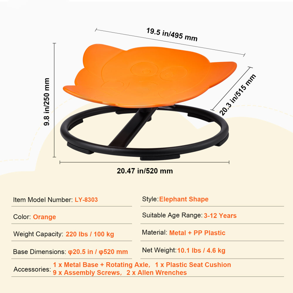 VEVOR Elephant Kids Swivel Chair, 220 LBS Capacity, 360° Spinning Chair, Autistic Kids Sensory Toy Chair with Non-Slip Metal Base, Toddler Sit and Spin Chair for Coordination Balance Focus Orange