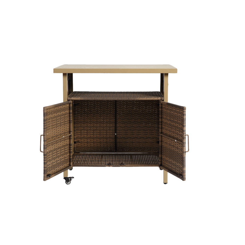 Outdoor Wicker Bar Cart, Patio Wine Serving Cart w/Wheels , Rolling Rattan Beverage Bar Counter Table w/Glass Top for Porch Backyard Garden Poolside Party, Light brown