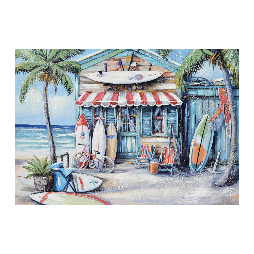 Blue Beach House Surfboard Coconut Tree Ocean Wall Art - Coastal Tropical Landscape Mural Print - Vibrant Seaside Decor for Living Room Bedroom Office decorative picture