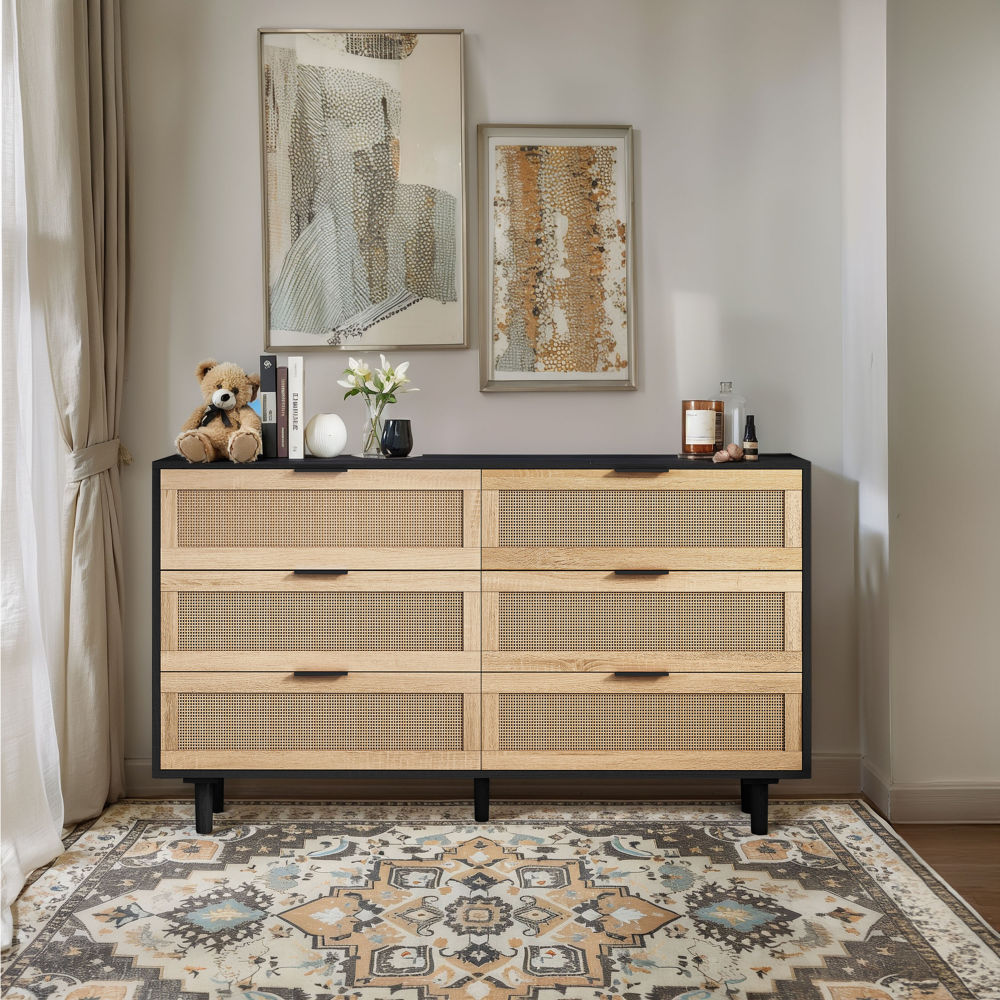 51" Rattan Dresser with Drawers, 6 Drawer Dresser for Bedroom, Clothes Storage Cabinet for Bedroom, Metal Handle&Wood Legs for Hallway, Living Room, Bedroom,Natural