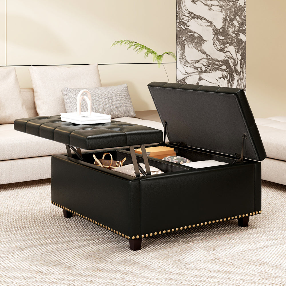 Large square storage stool with two storage doors, footstool for living room Mid-century modern coffee table with nailhead inlay, brown PU leather