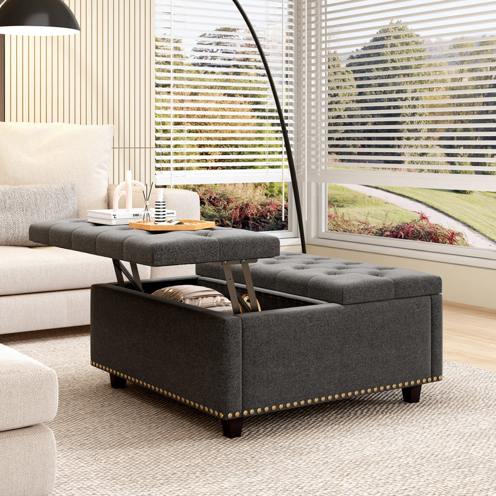 Large square storage stool with two storage doors, footstool for living room Mid-century modern coffee table with nailhead inlay, brown PU leather