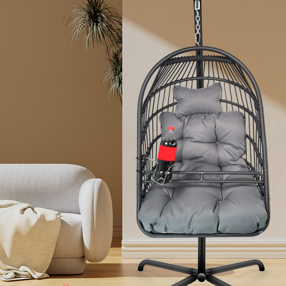 Swing Egg Chair with Stand Indoor Outdoor Wicker Rattan Patio Basket Hanging Chair with C Type bracket , with cushion and pillow,Patio Wicker folding Hanging Chair( Special construction cup holder