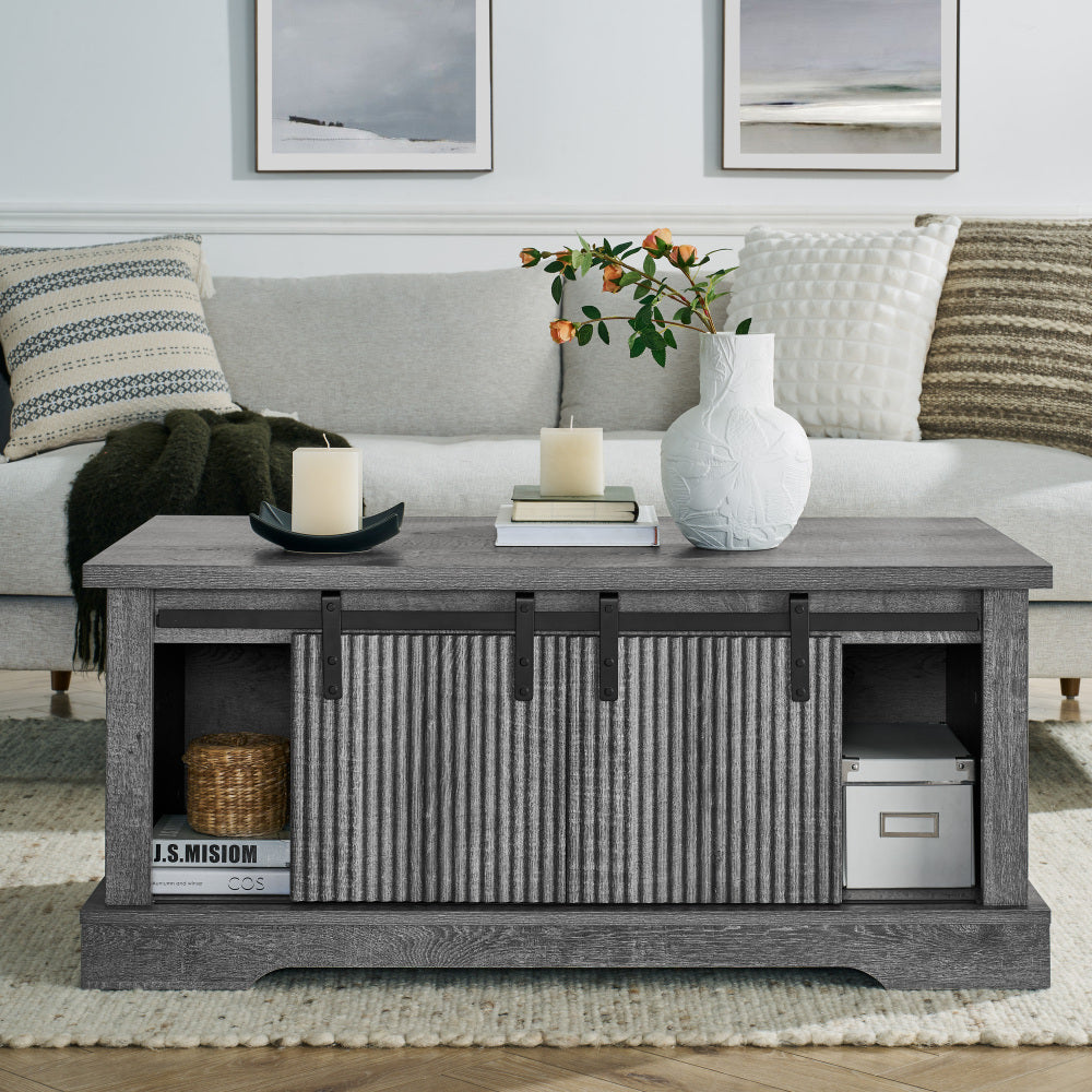 41.3 Inch Coffee Table with Storage and Sliding Wood Door, Farmhouse and Industrial Cocktail Table with Adjustable Shelves, Rectangular Rustic Living Room Table for Living Room Meeting Room