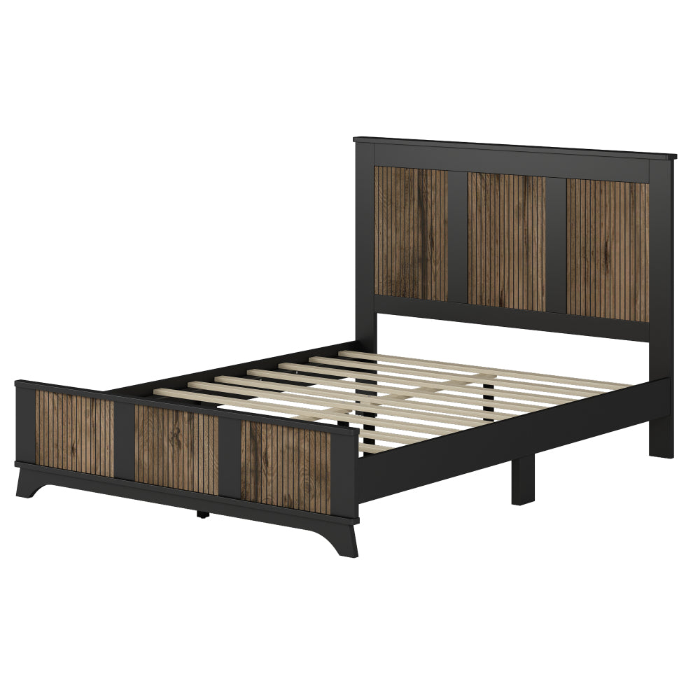 4-Pieces Bedroom Sets, Queen Size Farmhouse Platform Bed with Wooden Strip Stickers Decoration, Storage Nightstand and Dresser with Metal Handle, Black